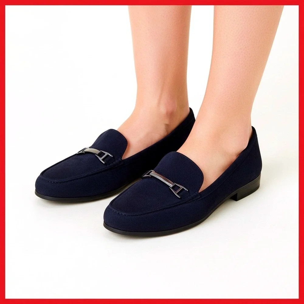 Bandolino Navy Suede Loafer Women's Size 6.5 M Silver Bit Slip On Block Heel - Picture 1 of 8